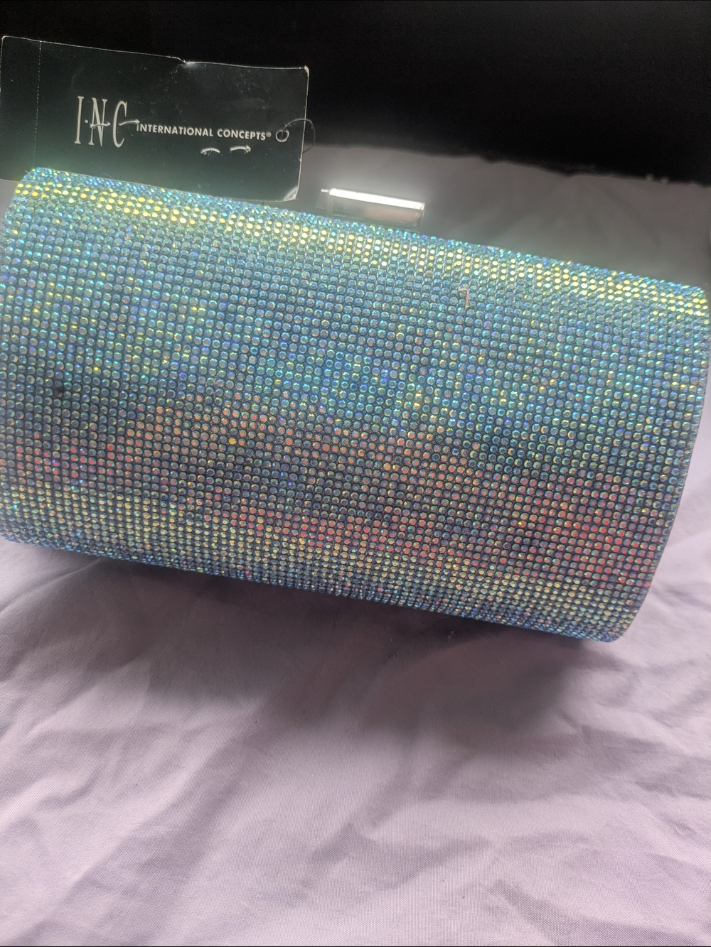 INC International Concepts iridescent crystal clutch in blue and green